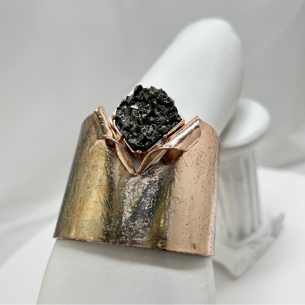 BCBG, Textured Gold Wide Cuff Bracelet Black Druzy Quartz Stone, Adjustable